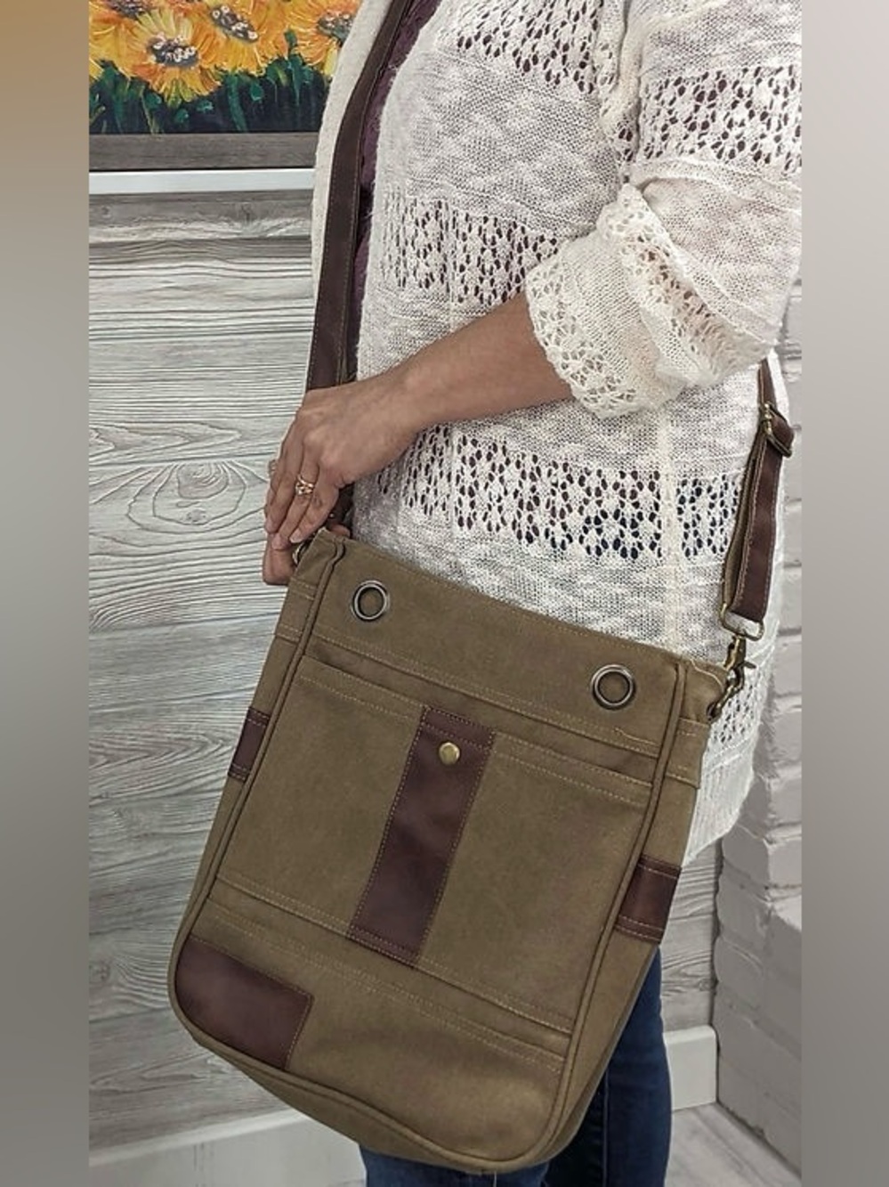 Canvas Crossbody Messenger Bag in Beige with Brown Accents.